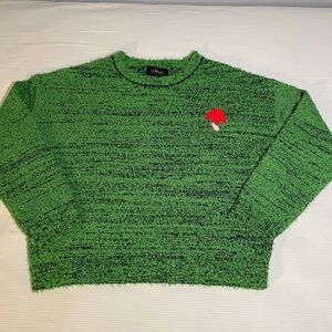 Cider green crewneck sweater with embroidered mushroom. Size small. NWT